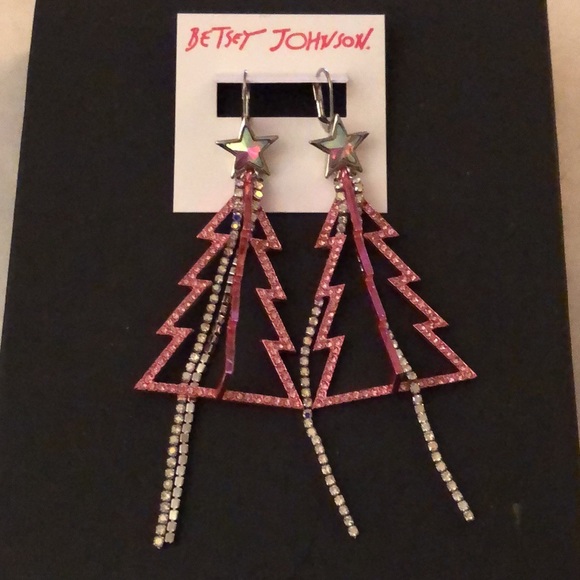Betsey Johnson Silver Tone & Pink Metal Christmas Tree Drop Earrings Fringe NWT - Picture 5 of 13